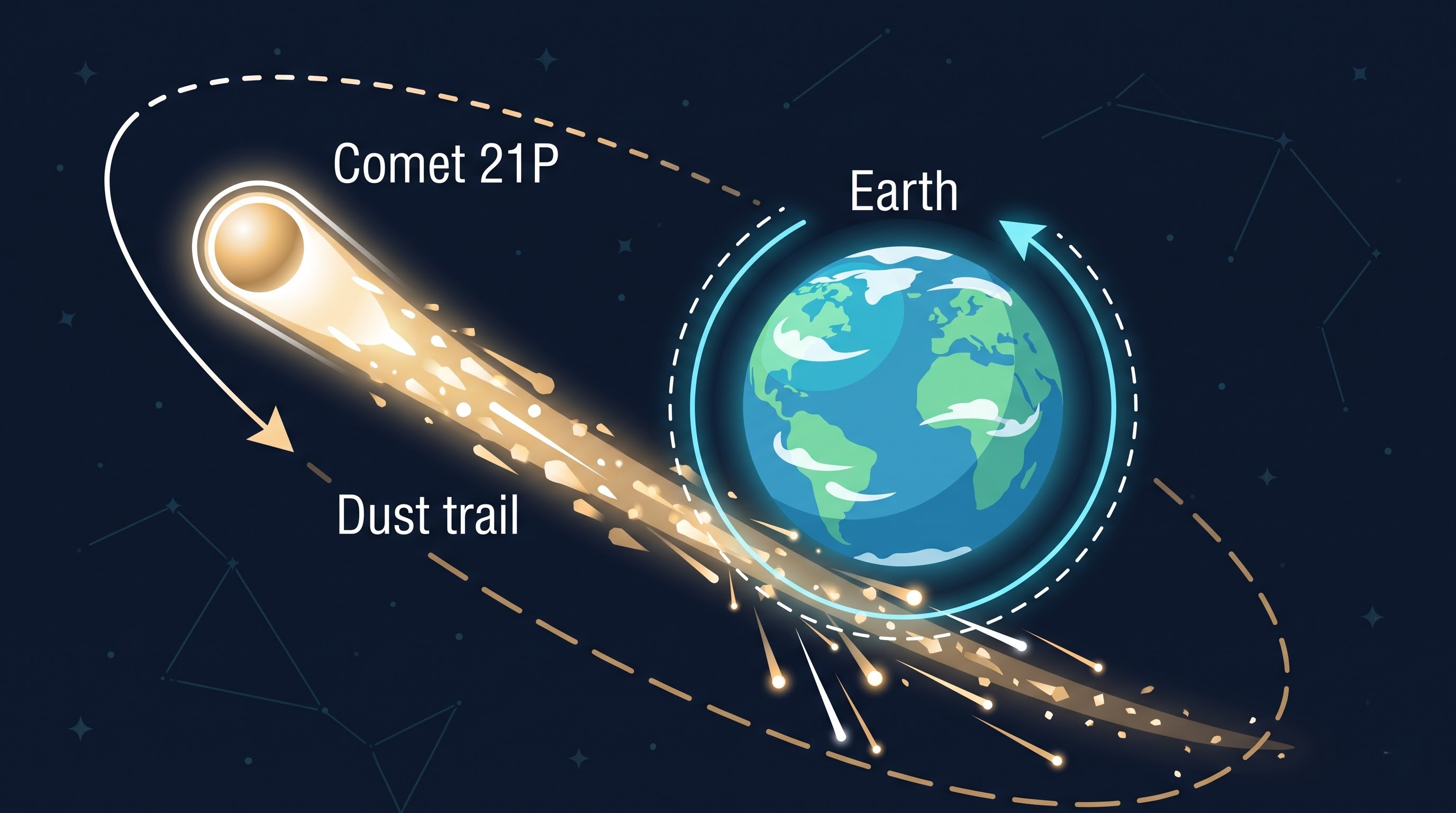 Diagram of Earth crossing a trail of dust from Comet 21P/Giacobini-Zinner, causing the Draconid meteor shower.