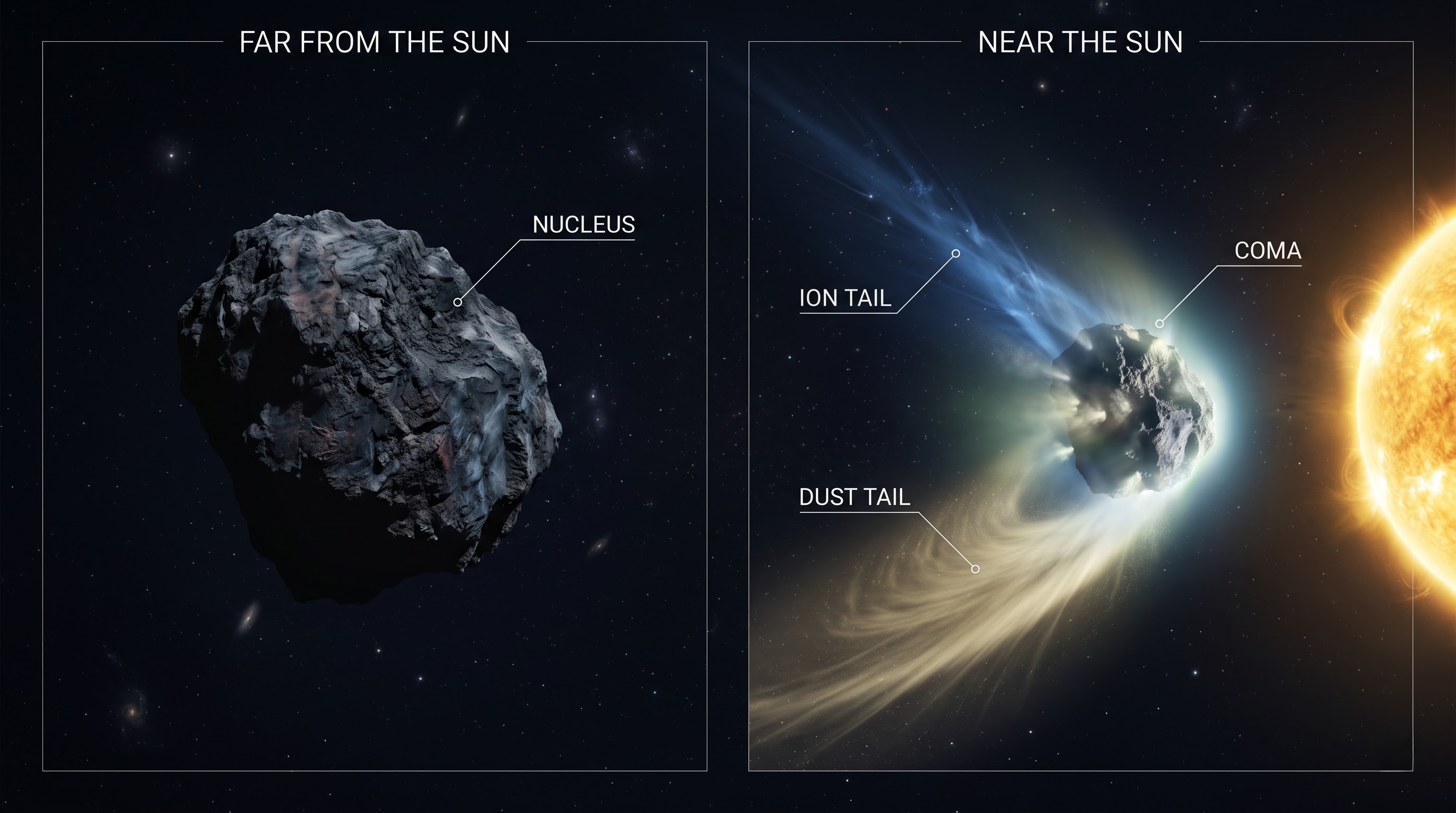 Diagram of a comet showing the nucleus, coma, and tail