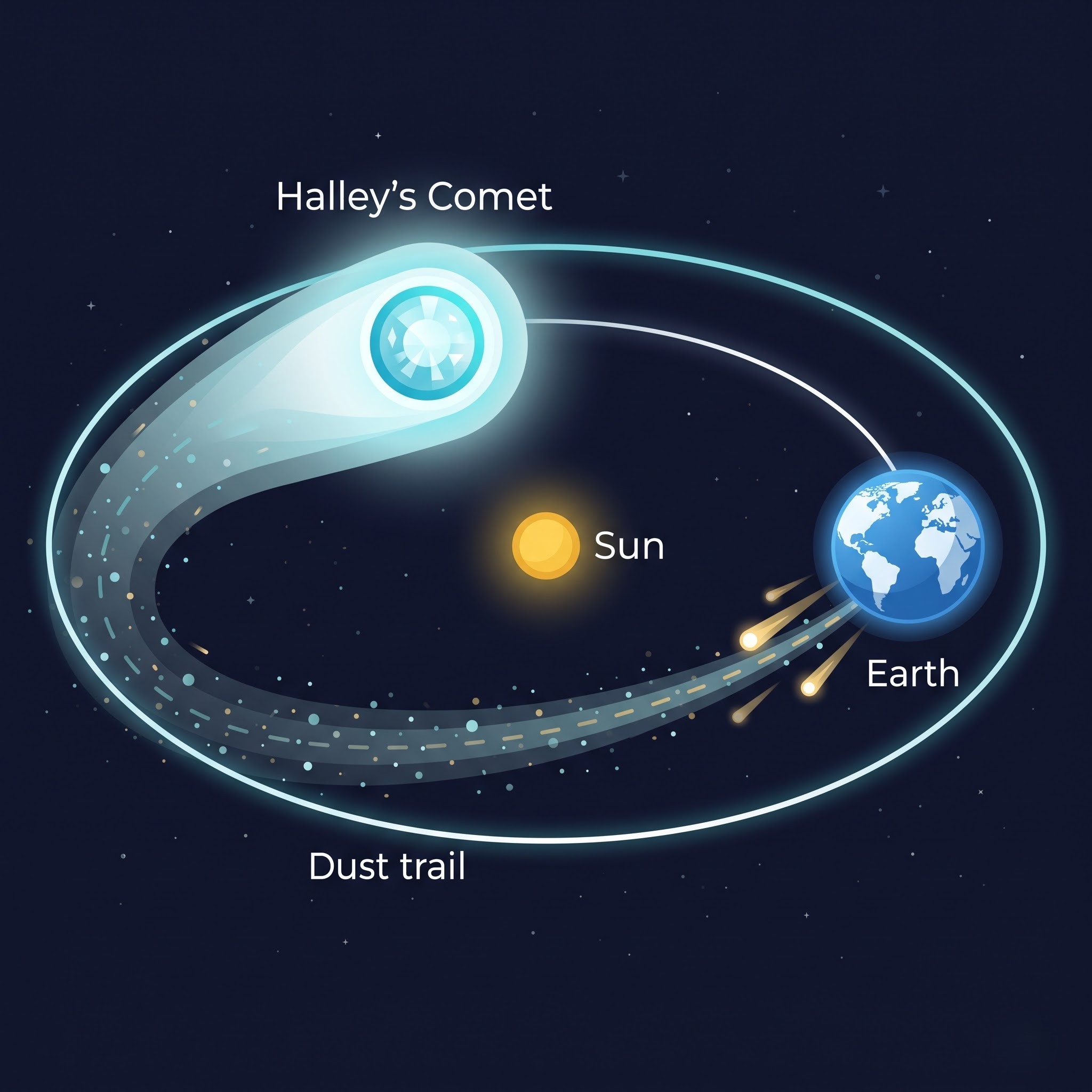 Diagram of Earth crossing the dust trail left by Halley’s Comet, causing the Orionid meteor shower.