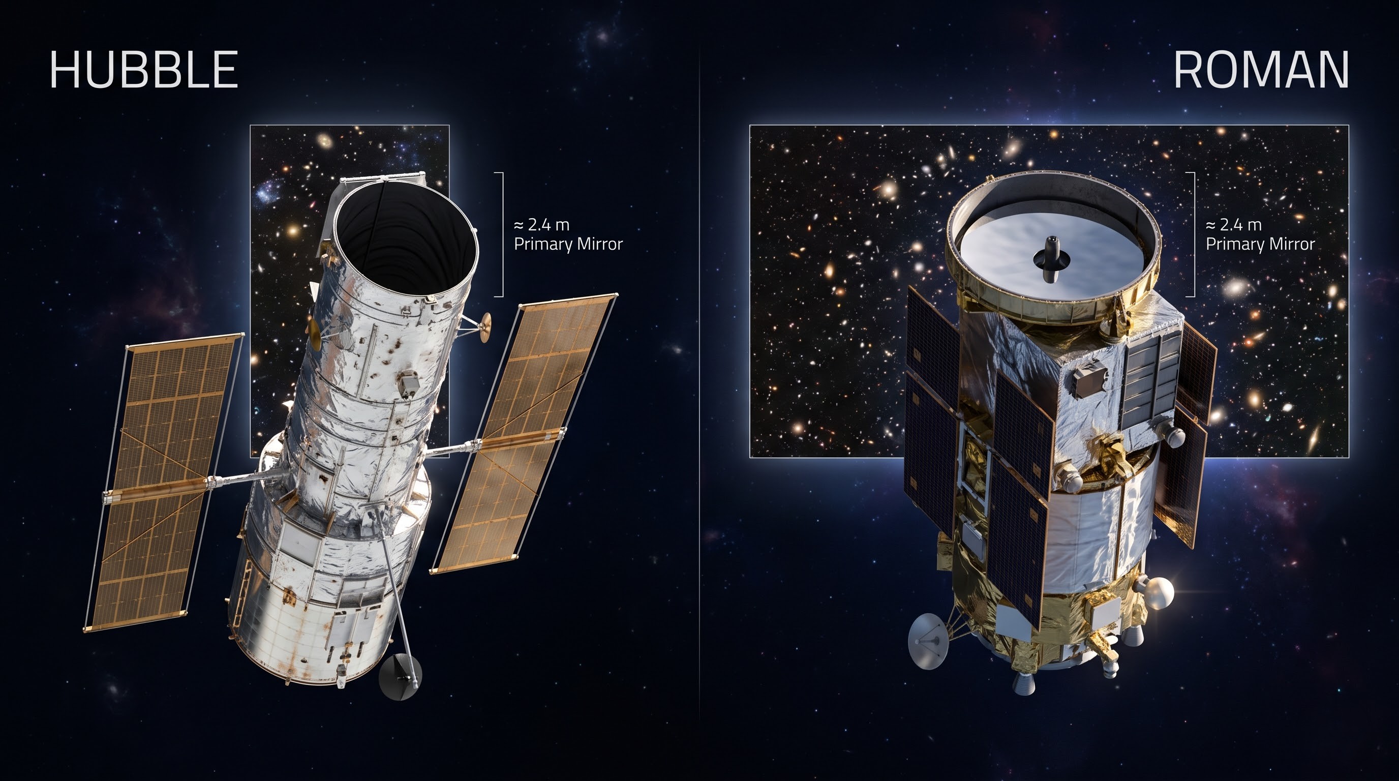 A side-by-side size comparison graphic of Hubble and Roman Comparison of Hubble Space Telescope and Roman Space Telescope fields of view