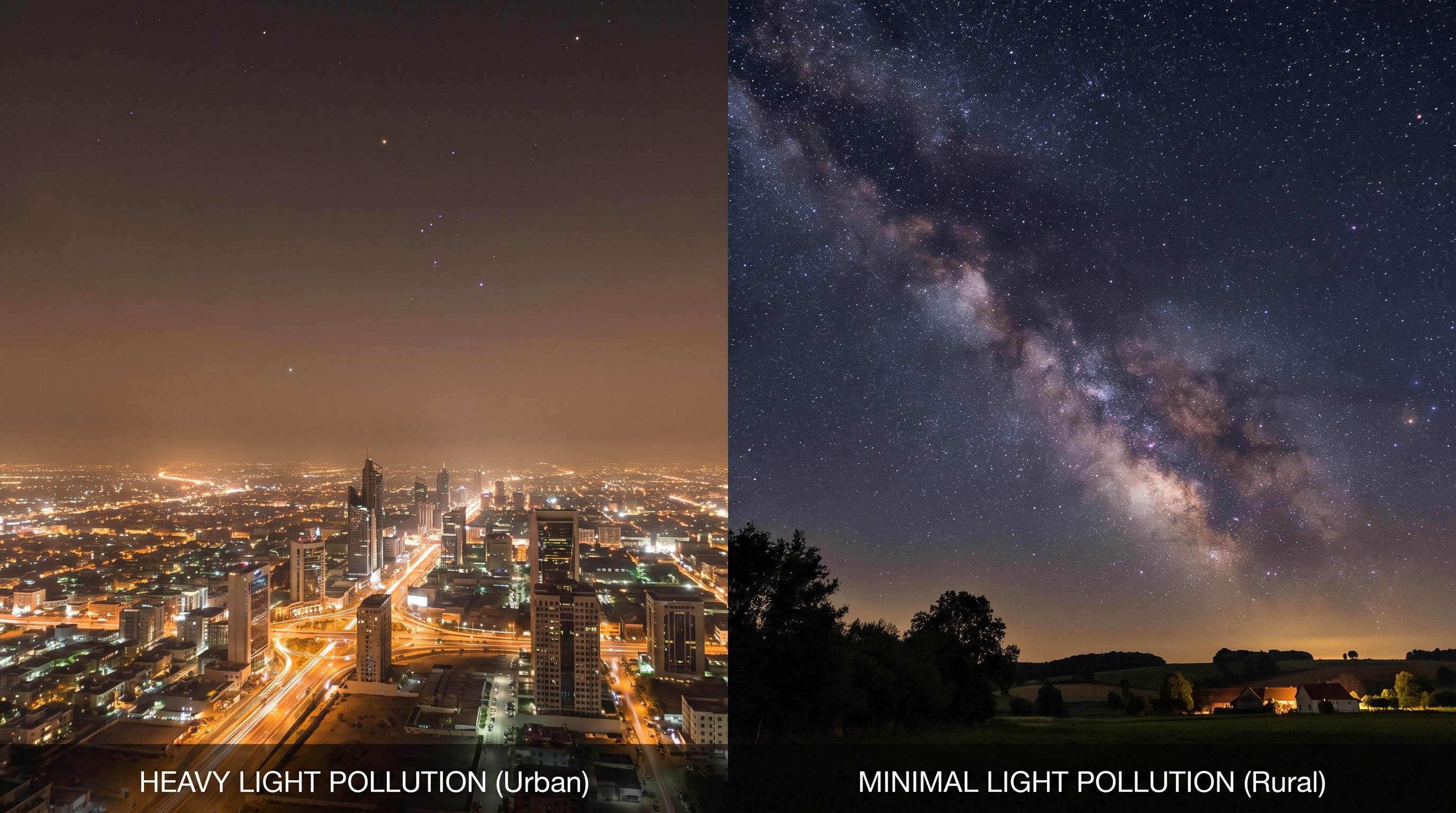 Comparison of light-polluted city sky versus dark village sky full of stars
