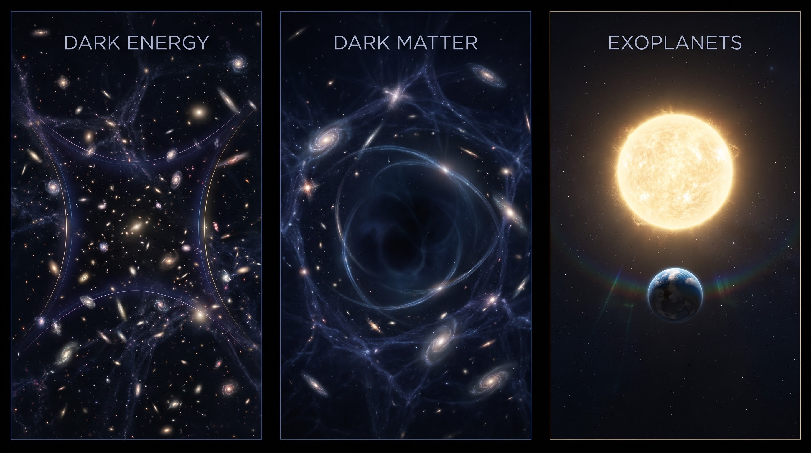 Graphic representing dark energy, dark matter, and exoplanets Illustration of Roman Space Telescope’s three science goals: dark energy, dark matter, and exoplanets