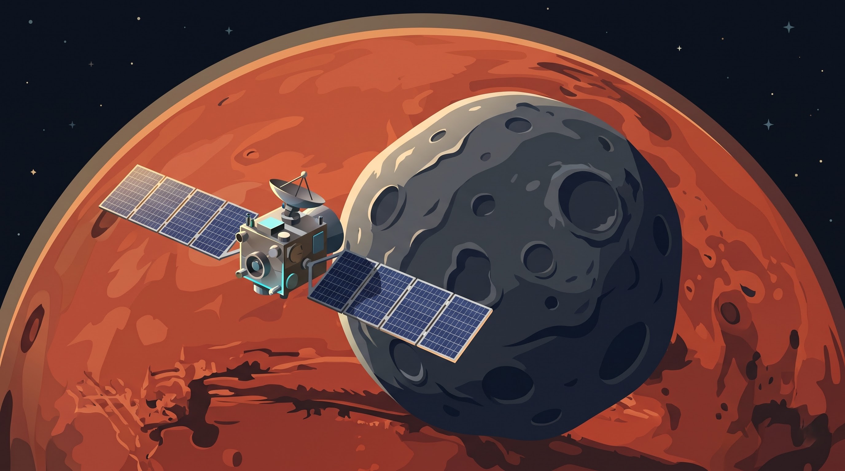A small spacecraft with solar panels flying near a cratered moon, with Mars behind it.