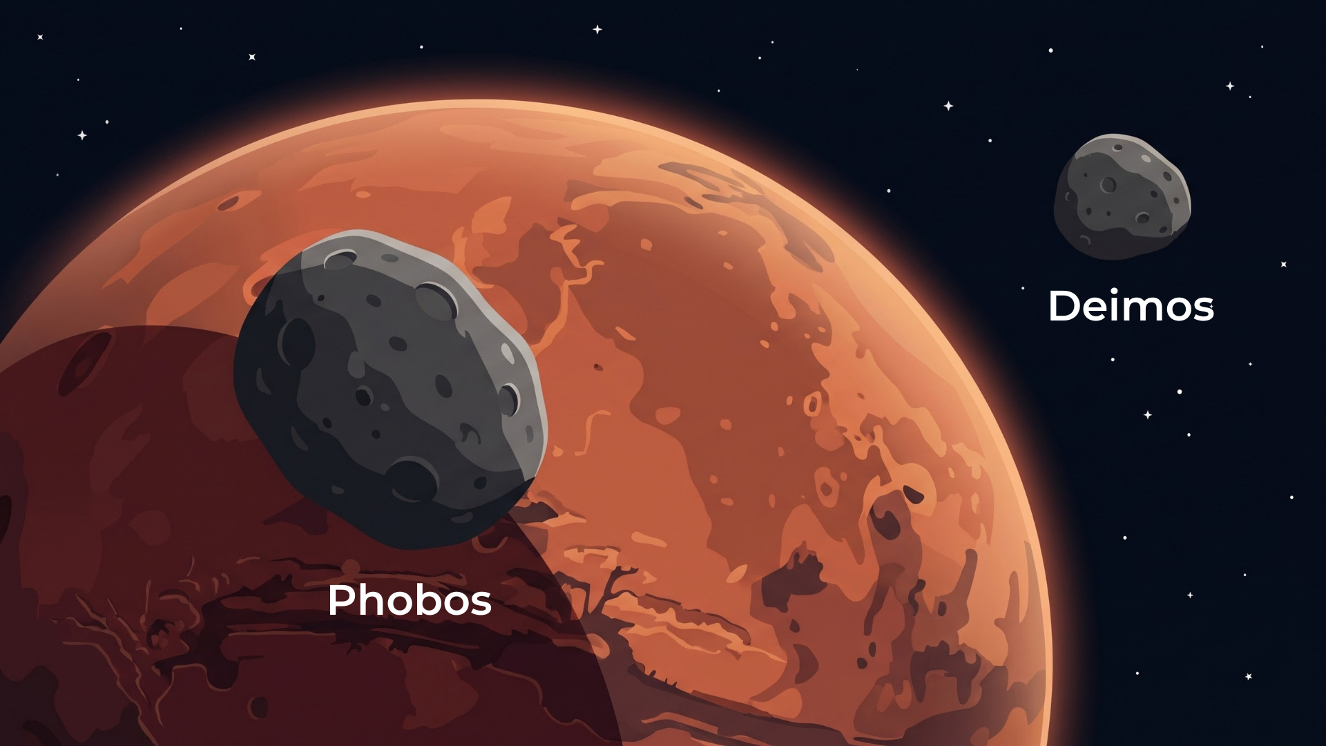 Mars with its two small moons, larger Phobos close in and smaller Deimos farther out.