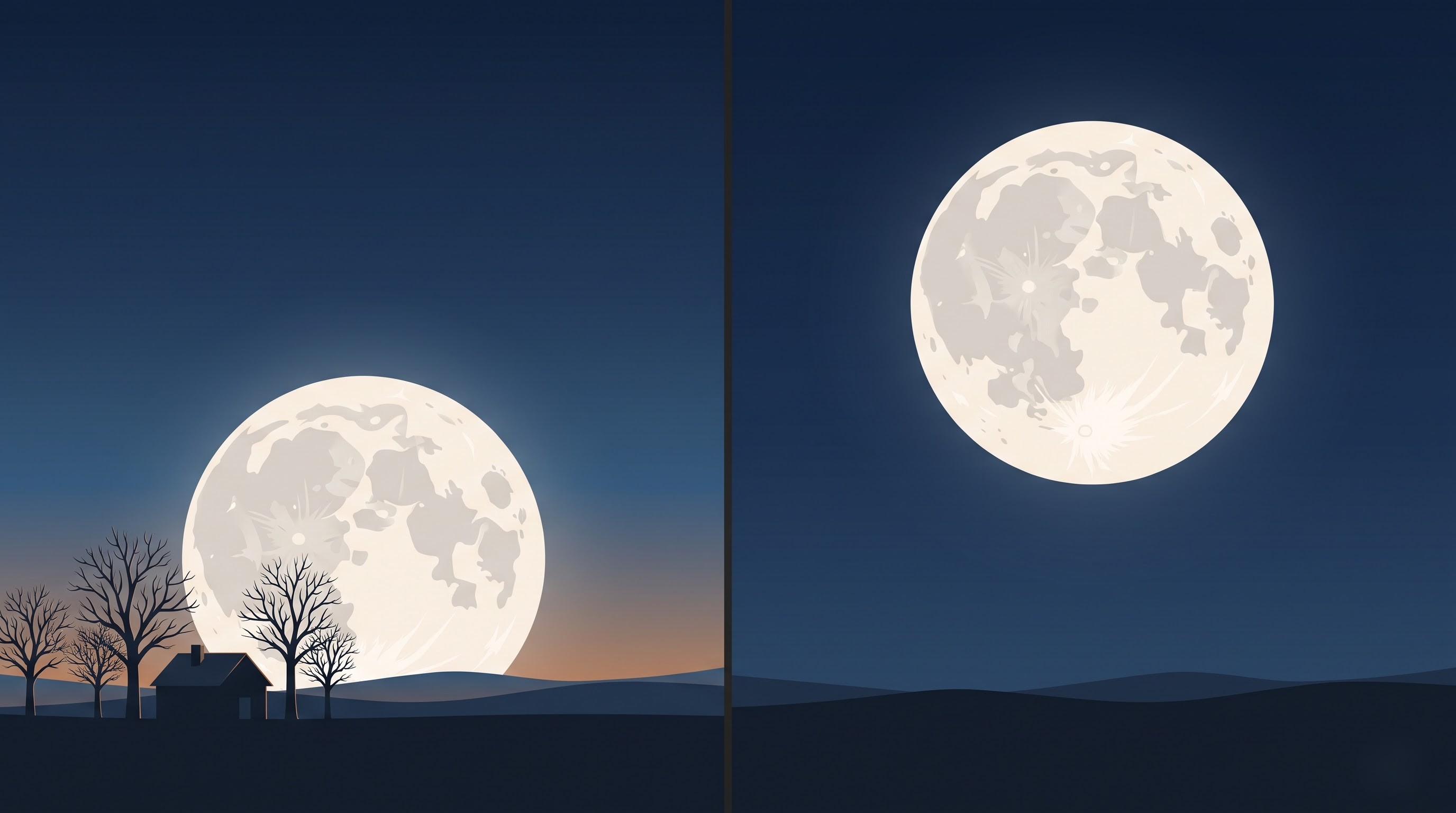 Two scenes of the same Moon, low behind trees and high in the sky