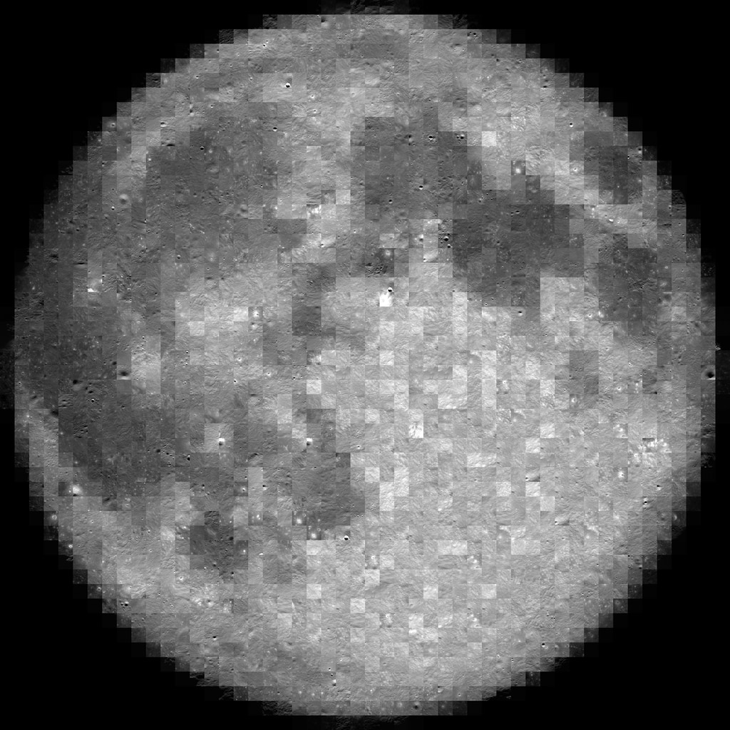 NASA mosaic of the full Moon showing dark plains and bright craters
