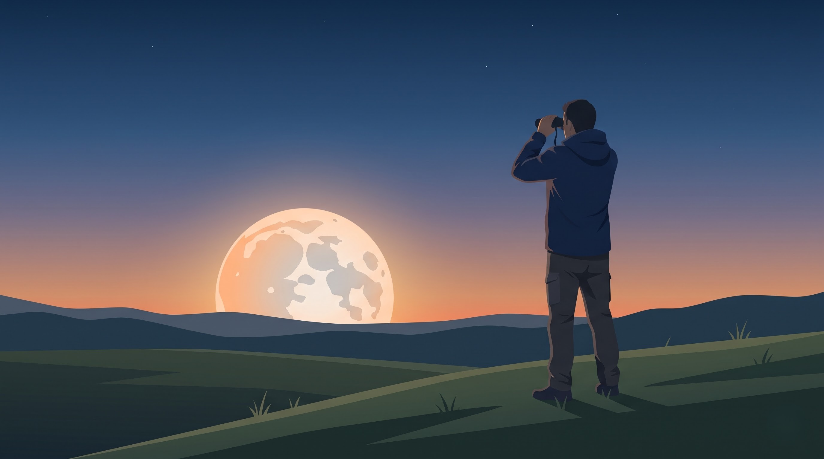 Person with binoculars on a hill watching the Moon rise at dusk